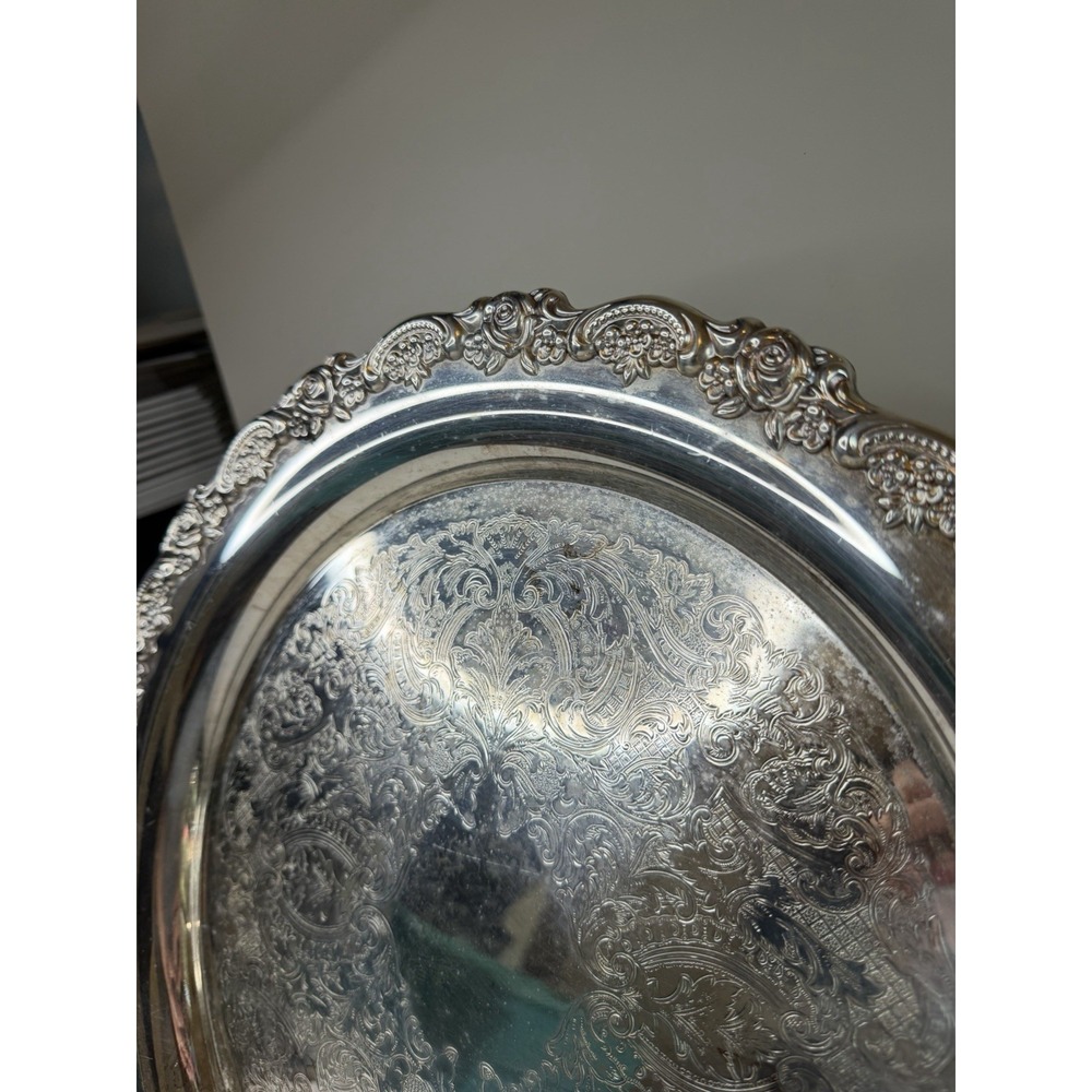 Vintage XL Silver Plate Serving Platter Tray Rose Designs Engraved 15x20 Big - Picture 4 of 7